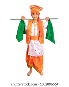 Young Boy Dressed in a Traditional North Indian Bhangra Dance Costume, Isolated, White