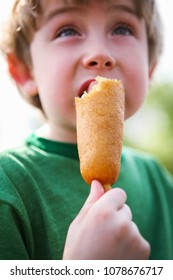 Young Boy Eating A Corn Dog