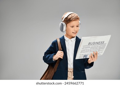 Young boy in elegant attire reads newspaper while wearing headphones. - Powered by Shutterstock