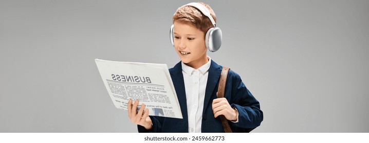 Young boy in elegant attire, wearing headphones, engrossed in reading newspaper. - Powered by Shutterstock