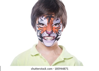 Young Boy With Face Painting Of A Tiger