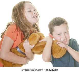 young boy and girl fighting over bear