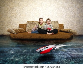 Young boy and girl with radio control. Playing with RC speed boat toy. Fantasy flooded bedroom. 