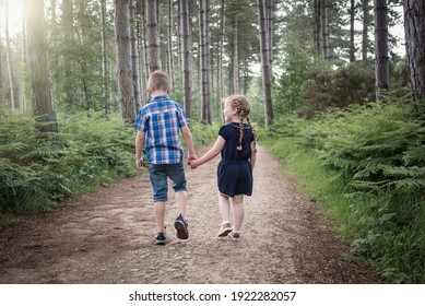 Young boy and girl in shorts holding hands walking through forest woodland brother and sister on bright sunny summer day exploring nature in shorts looking at each other love and family lifestyle - Powered by Shutterstock