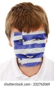 Young Boy With Greek Flag Painted On His Face