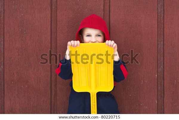 Young Boy Hides Behind Plastic Yellow Stock Photo Edit Now 80220715