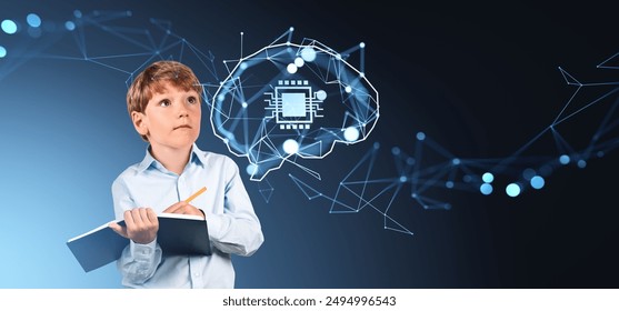 A young boy holding a notebook and pencil, looking thoughtful. The background shows a digital brain network concept in a futuristic style, on a blue gradient background. Concept ai and learning - Powered by Shutterstock