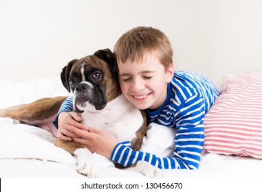 Young Boy Hugging His Boxer Dog In Bed