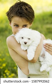 Young boy hugging puppy outdoors Arkistovalokuva