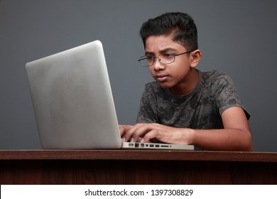Young boy of Indian origin using laptop