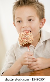 Young Boy Indoors Eating Candy Apple