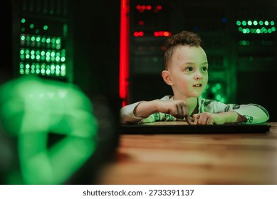 Young boy interacting with digital interface showing wonder and curiosity about future computing and data