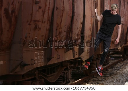 Similar – Image, Stock Photo man traveling in train carriage