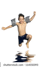 Young Boy Jumping In The Water Isolated In White