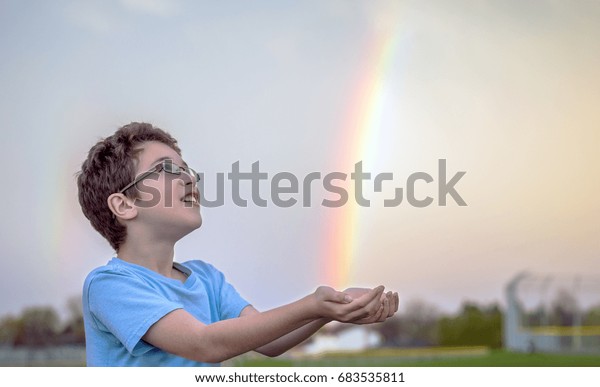 Young Boy Looking Awe Bright Rainbow Stock Photo Edit Now 683535811