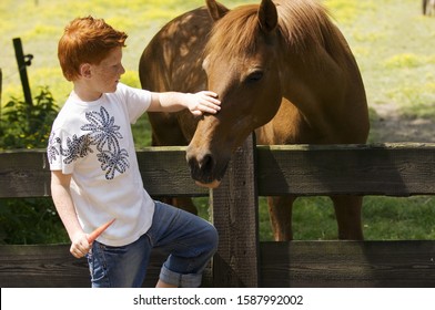 Young Boy Petting Horse Over Fence