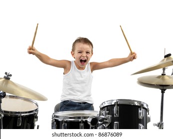 young boy play drum with energy