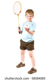 Young boy playing badminton, isolated on white.