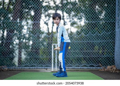 Young boy playing cricket. Child holding cricket bat. Kid ready to bat in front of wickets on cricket pitch.