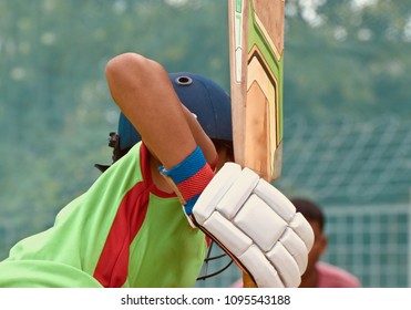 A young boy is practicing with a cricket bat isolated unique photograph