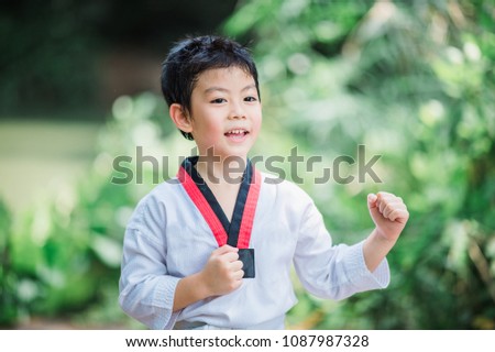 Young boy practicing martial arts by taekwondo outside in park