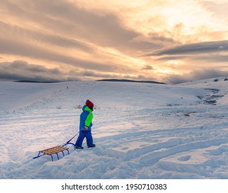 Young Boy Pulling Sledge On The Snowy Hill