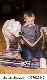 Young Boy Reading Book To His Dog. American Bulldog