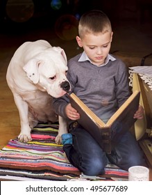 Young Boy Reading Book To His Dog. American Bulldog