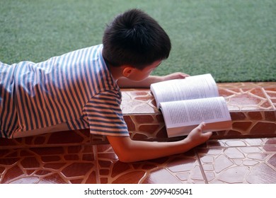 Young boy is reading books in free time. Concept : leisure activity for kid. Reading for knowledge, pleasure or entertainment. Relax time at home. Self- study.                                         