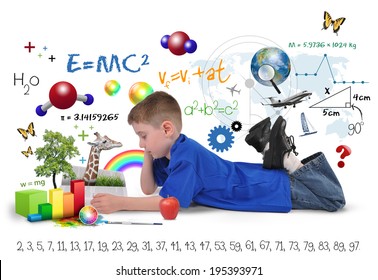 A Young Boy Is Reading A School Book With Math Formulas, Art Icons And Nature Objects Around The Child For An Education Concept On A White Background. 