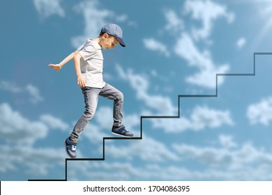 Young Boy Runs In The Jump On The Street On A Bright Blue Background