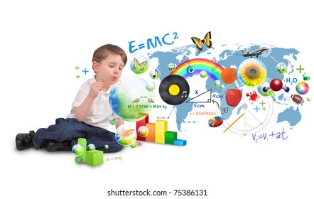 A Young Boy Is Sitting On A White Isolated Background Blowing Bubbles Of Science, Nature, Math And Art. Use It For An Education Or Creative Concept.