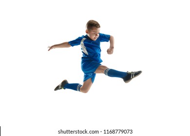 Young Boy With Soccer Ball Doing Flying Kick, Isolated On White. Football Soccer Players In Motion On Studio Background. Fit Jumping Boy In Action, Jump, Movement At Game.