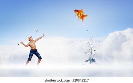 Young boy standing on cloud and throwing harpoon