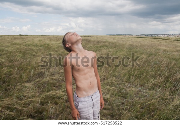 Young Boy Stands Field Boy Shorts Stock Photo (Edit Now) 517258522