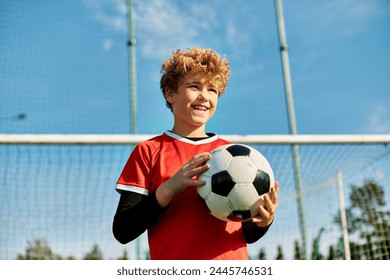 A young boy stands in front of a soccer goal, holding a soccer ball with a determined expression. He is positioned for a kick, showcasing his love for the sport and his readiness to score a goal. - Powered by Shutterstock