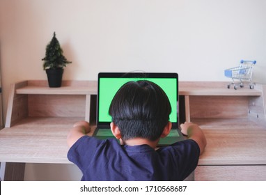 Young boy stay at home while watching something on laptop from behind shot