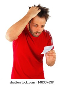 Young Boy With A Surprised Expression Bet Slip On White Background