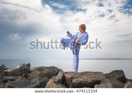 Young boy training karate