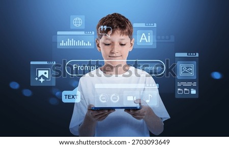 Young boy using tablet surrounded by glowing AI content creation interface, futuristic blue background, concept of child in new era of digital technology