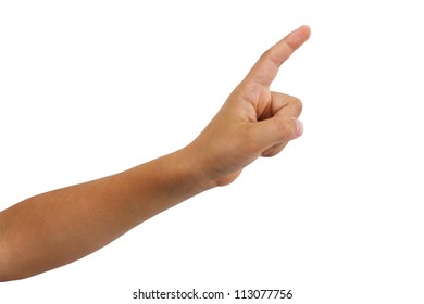 Young Boys Arm And Hand Isolated With A Finger Extended As Though To Say On Moment Please. Could Also Be A Pointing Finger.