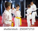 Young boys training in pair to use karate technique during class