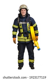 Young Brave Man In Uniform And Hardhat Of Firefighter Holds Fire Hose In Hand And Looking At Camera Isolated On White Background