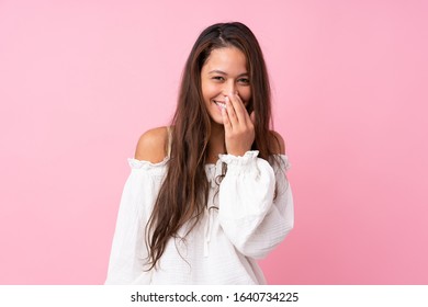 Young Brazilian girl over isolated pink background smiling a lot - Shutterstock ID 1640734225