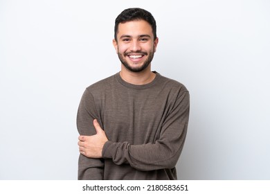 Young Brazilian man isolated on white background laughing - Shutterstock ID 2180583651