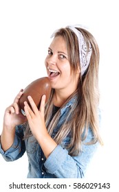 Young Brazilian Woman Eating Chocolate Easter Egg