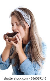 Young Brazilian Woman Eating Chocolate Easter Egg