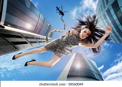 Young brunette falling down the sky