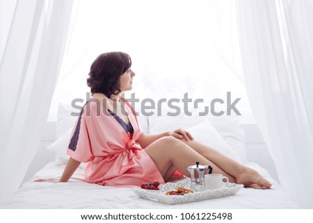 young brunette girl breakfast white bedroom coffee