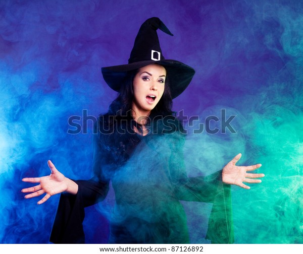 Young Brunette Witch Stretching Her Hands Stock Photo 87126892 ...